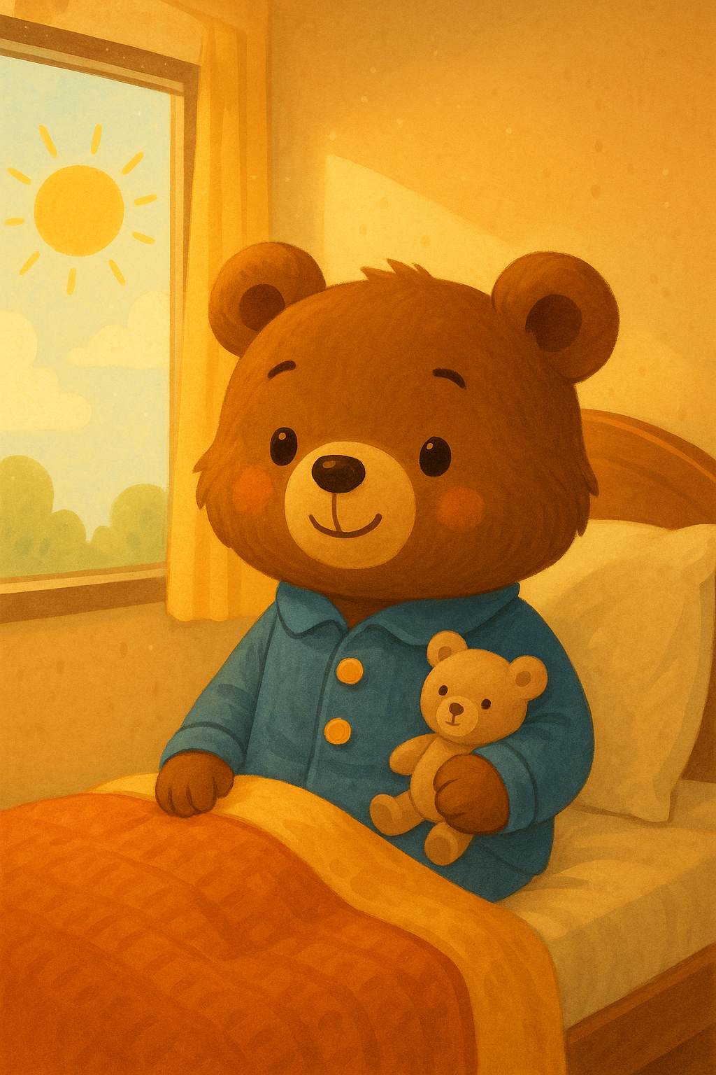 Emott în pijama, stând în pat, cu soarele strălucind pe geam.